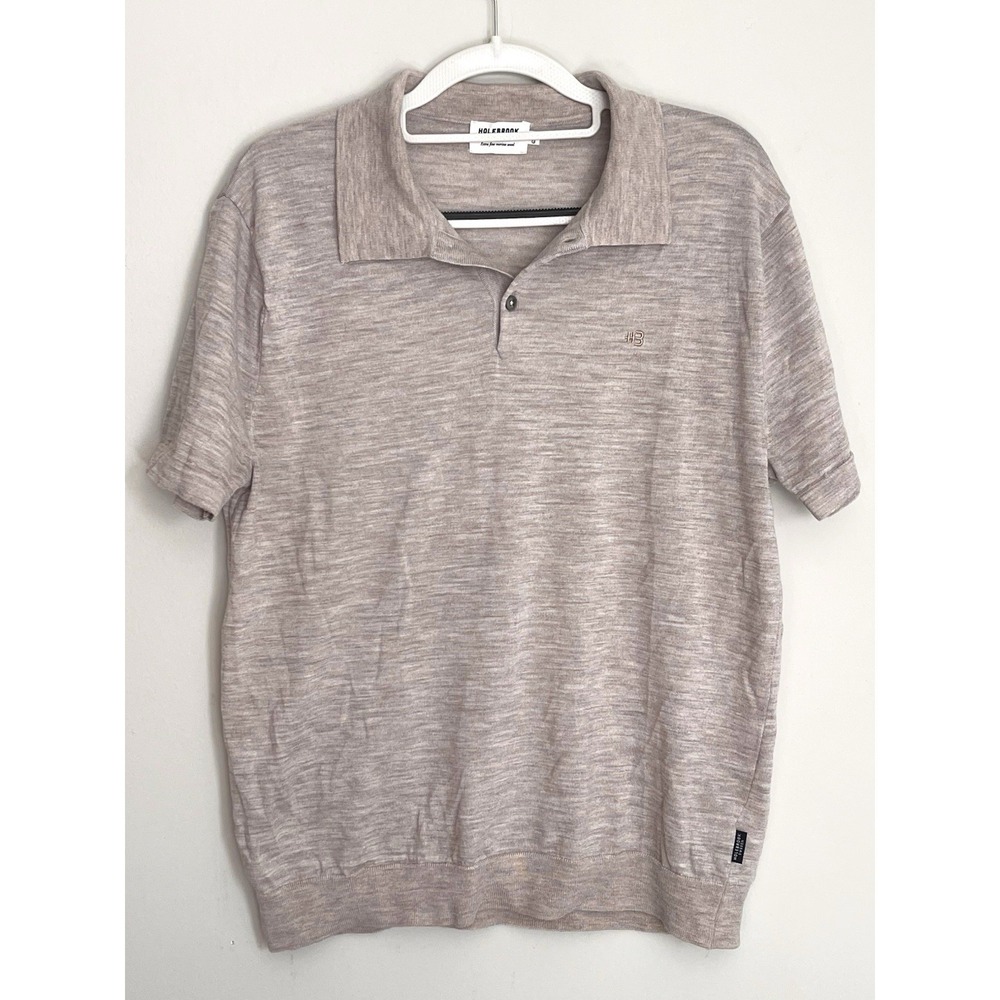 Men's Holebrook Sweden Beige Extra Fine Merino Wool Polo Shirt Sz L Quiet Luxury